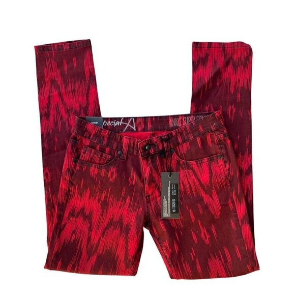 Special A Juniors Red Print Denim Skinny Slim Jeans - Picture 3 of 9